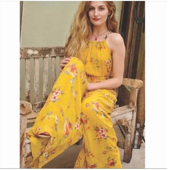 Free People Georgia Floral Chiffon Sleeveless Wide Leg Jumpsuit Gold Combo Sz S - Picture 7 of 15